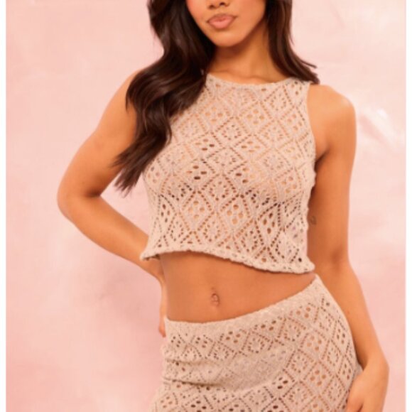 NWT Prettylittlething Taupe Textured Rib Racer Longline Tank Size 6 - Picture 1 of 9